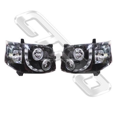 HEADLAMP SET - L&R - JDM BLACK - PROJECTOR - DRL LOOK - TO SUIT TOYOTA HIACE 2010- F/LIFT