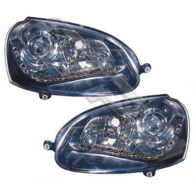 HEADLAMP SET - L&R - ELECTRIC - BLACK - WITH LED - TO SUIT VW GOLF MK5 2003-